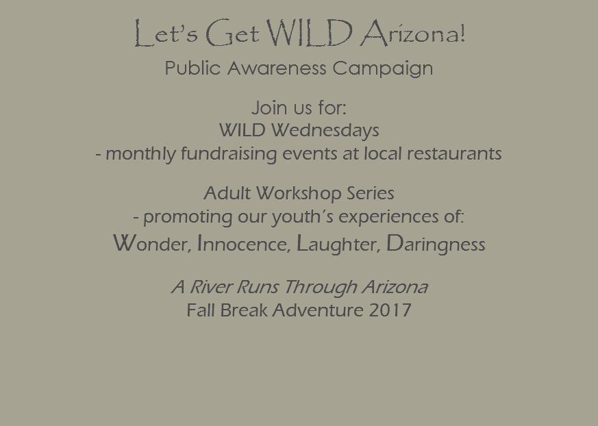  Let’s Get WILD Arizona! Public Awareness Campaign Join us for: WILD Wednesdays - monthly fundraising events at local restaurants Adult Workshop Series - promoting our youth’s experiences of: Wonder, Innocence, Laughter, Daringness A River Runs Through Arizona Fall Break Adventure 2017