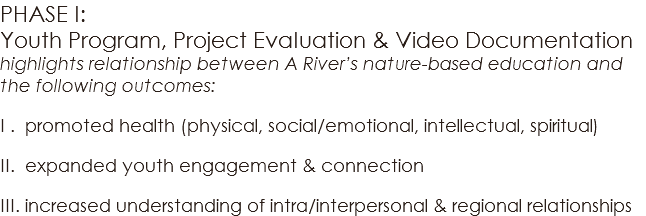 PHASE I: Youth Program, Project Evaluation & Video Documentation highlights relationship between A River’s nature-based education and the following outcomes: I . promoted health (physical, social/emotional, intellectual, spiritual) II. expanded youth engagement & connection III. increased understanding of intra/interpersonal & regional relationships