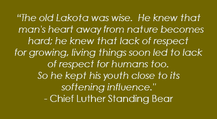  “The old Lakota was wise. He knew that man's heart away from nature becomes hard; he knew that lack of respect for growing, living things soon led to lack of respect for humans too. So he kept his youth close to its softening influence." - Chief Luther Standing Bear